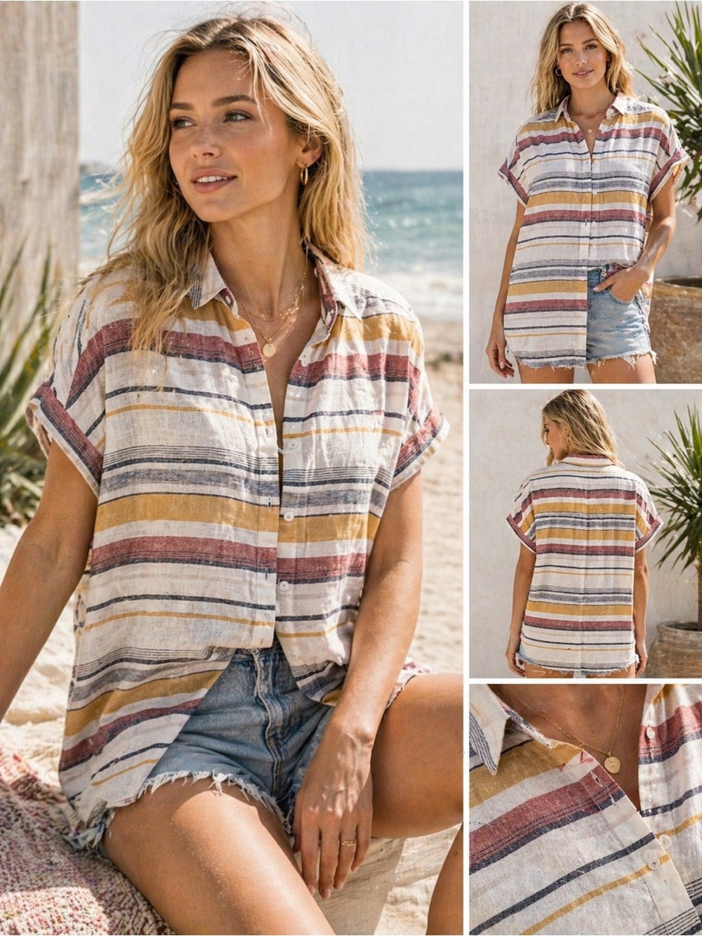 Beachlunchlounge Linen Blend Striped Button Up L